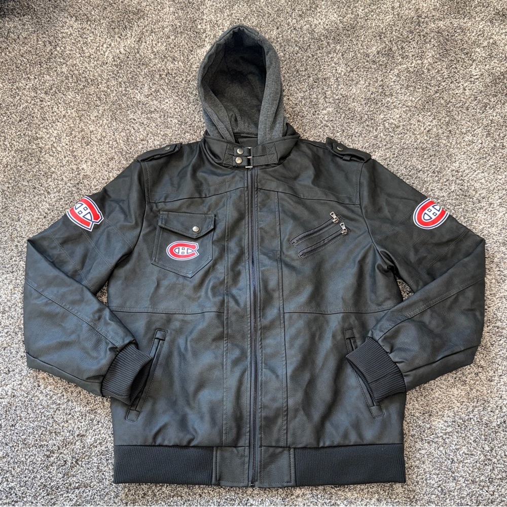 NHL Montreal Canadiens Hockey Black Zipper Hooded Leather Jacket Mens Large/XL
